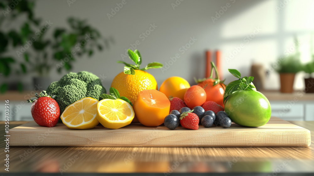 Assorted Fruits and Vegetables on Cutting Board in Sunlight Assorted Fruits and Vegetables on Cutting Board in Sunlight