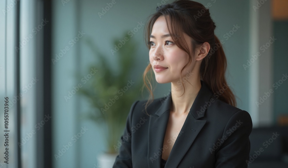 Asian businesswoman with confident expression looking ahead against office background Asian businesswoman with confident expression looking ahead against office background