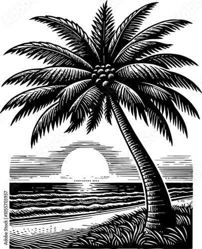tropical beach island sunset sunrise palm tree engraving black and white outline