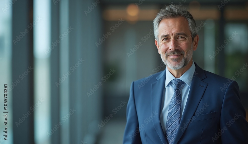 Confident mature businessman smiling in modern office setting with copy space Confident mature businessman smiling in modern office setting with copy space