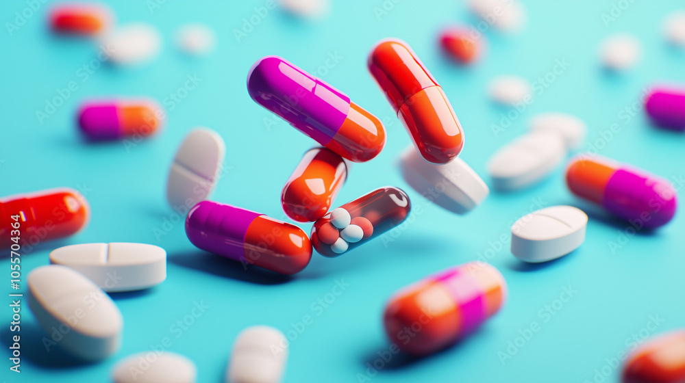 Floating Pills and Capsules on Blue Background Floating Pills and Capsules on Blue Background
