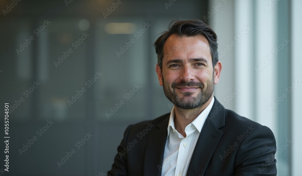Confident businessman with friendly smile in corporate office environment Confident businessman with friendly smile in corporate office environment