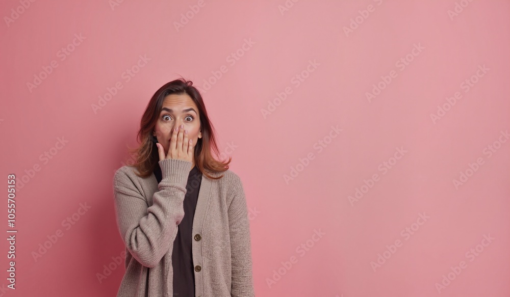 Woman with shocked expression covering mouth against pink background with copy space Woman with shocked expression covering mouth against pink background with copy space