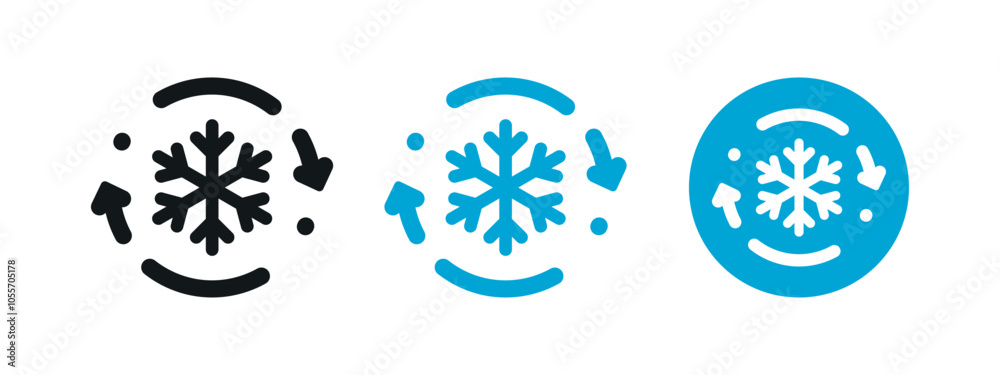Freezer Control Line Vector Flat Icons Set on White Background. Air Conditioning, Snowflake with Rotation Arrows and Dots. Freezer Control Line Vector Flat Icons Set on White Background. Air Conditioning, Snowflake with Rotation Arrows and Dots.