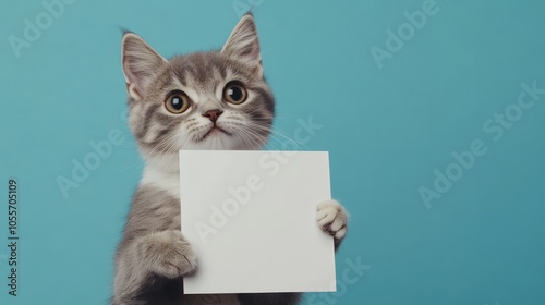 A cute cat on a uniform background holding an empty white advertising poster