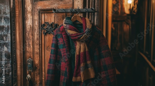 Cozy plaid coat and scarf hanging by wooden door