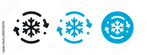 Freezer Control Line Vector Flat Icons Set on White Background. Air Conditioning, Snowflake with Rotation Arrows and Dots. 