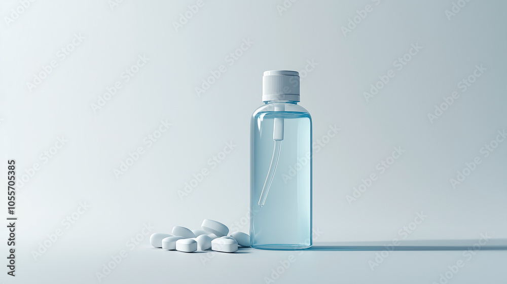 Blue Dispenser Bottle with White Pills in Minimalistic Setting Blue Dispenser Bottle with White Pills in Minimalistic Setting