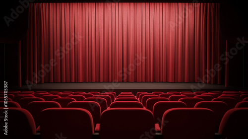 Red velvet theater curtains with empty seats in an auditorium. photo