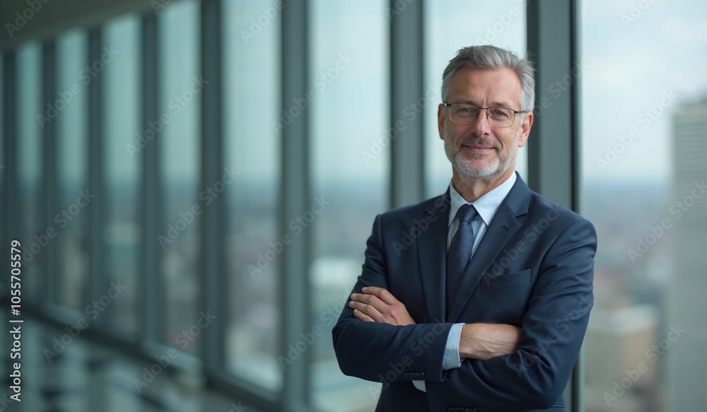 Confident senior businessman smiling with arms crossed against modern office windows Confident senior businessman smiling with arms crossed against modern office windows