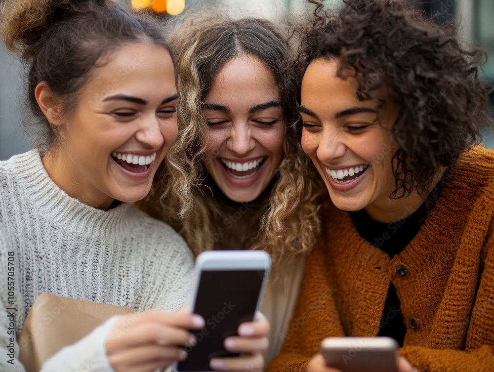 A close-up of friends comparing photos on their smartphones, laughing and chatting at an outdoor cafe. A close-up of friends comparing photos on their smartphones, laughing and chatting at an outdoor cafe.