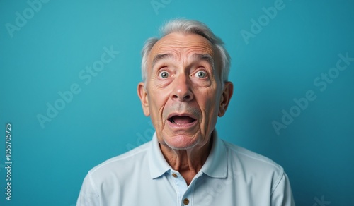 Senior man with shocked expression against turquoise background