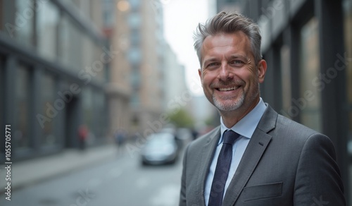 Confident businessman smiling cheerfully on urban street against blurred cityscape