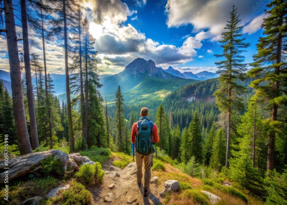 Hiking, thinking or fitness man with backpack in forest for wellness, peace and morning cardio in nature. Sport, idea or athlete explorer in park for path, route or planning trekking, journey or walk Hiking, thinking or fitness man with backpack in forest for wellness, peace and morning cardio in nature. Sport, idea or athlete explorer in park for path, route or planning trekking, journey or walk