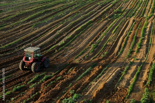 Aerial view of a red tractor working on a field with intercropping crops photo