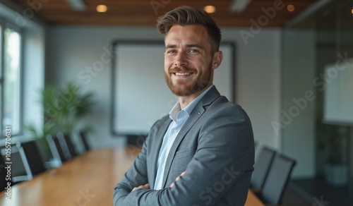 Confident businessman smiling in modern office boardroom