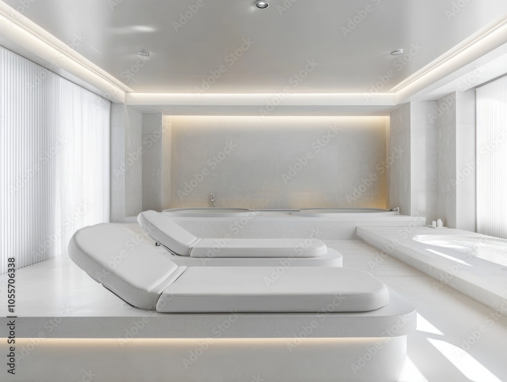 White walls combined with sleek gray furniture and minimalistic design for a modern, refreshing spa White walls combined with sleek gray furniture and minimalistic design for a modern, refreshing spa