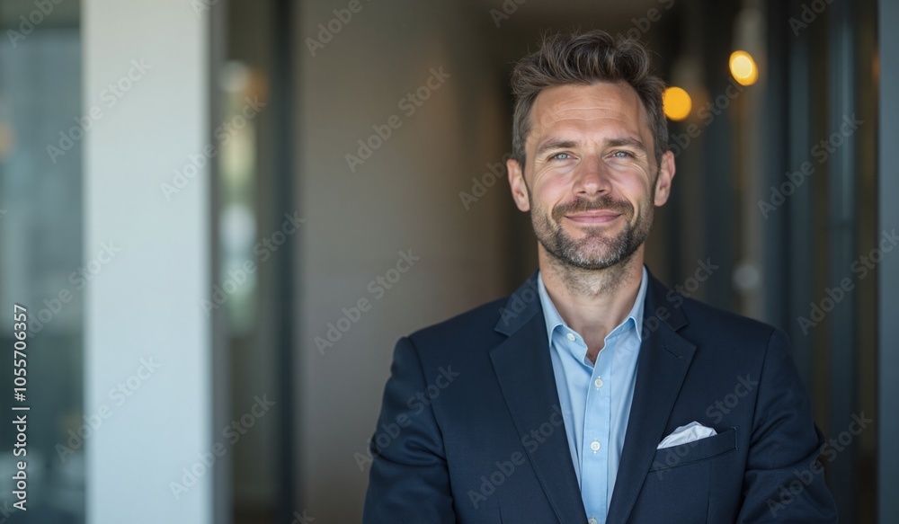 Confident businessman smiling warmly in office hallway against blurred background Confident businessman smiling warmly in office hallway against blurred background
