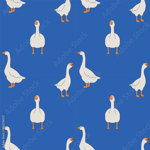 Seamless vector pattern with cheerful geese on blue background