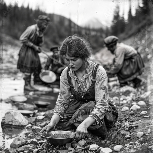 Woman panning for gold in the 1800s