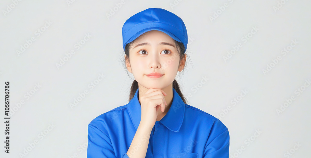 Young Asian woman wearing blue polo shirt and hat is thinking with hand on chin. This image can be used as banner for express delivery concept. Young Asian woman wearing blue polo shirt and hat is thinking with hand on chin. This image can be used as banner for express delivery concept.