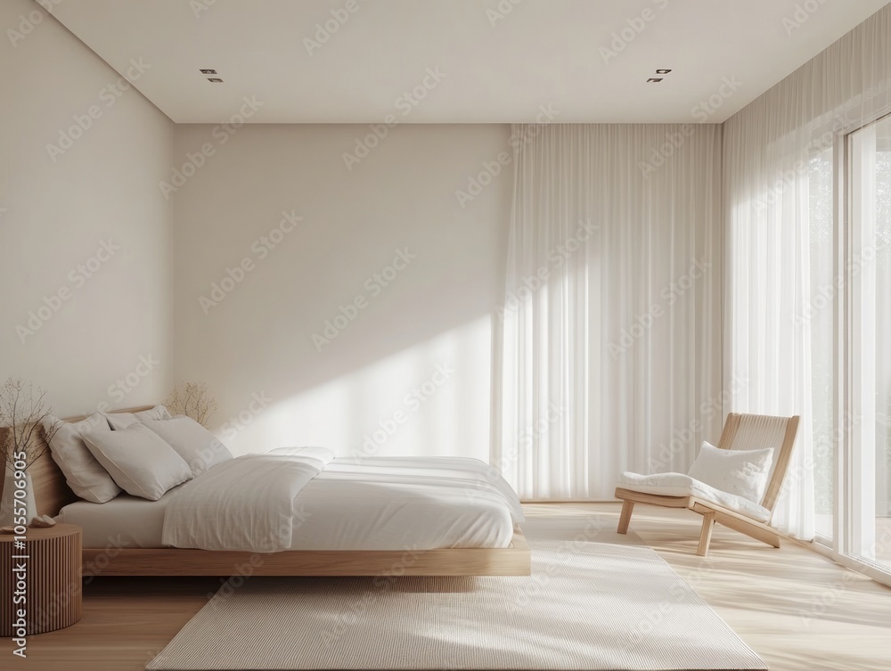 Fototapeta premium White walls in this minimalist bedroom are paired with light wooden furniture and a simple, elegant design