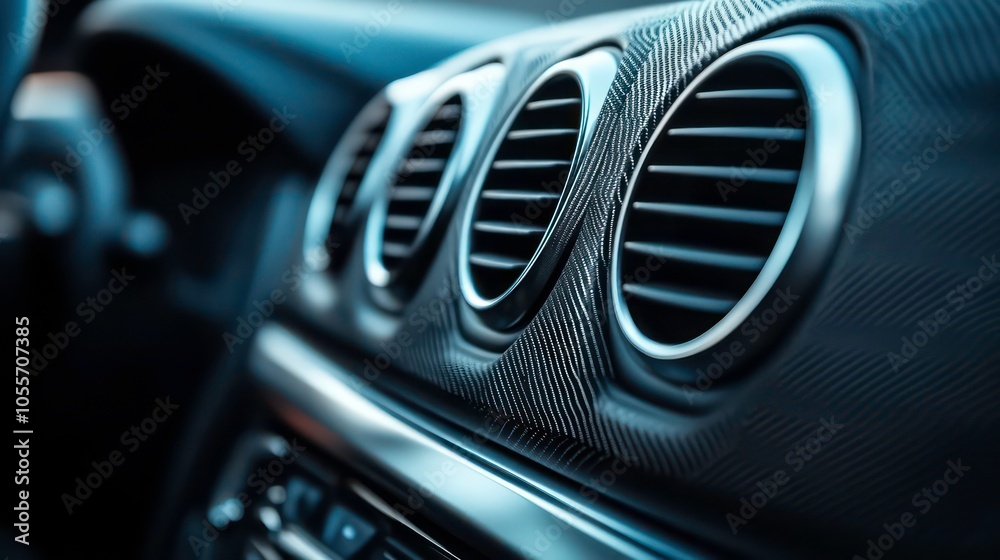 Fototapeta premium Close-up of a car's dashboard air vents, showcasing sleek design and modern materials.