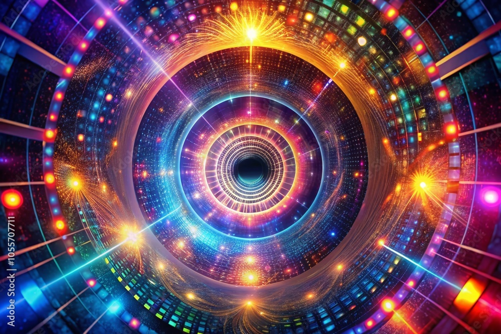 Obraz premium Abstract Fractal Space Tunnel with Light Spirals and Digital Eye Print for Future Technology Concepts