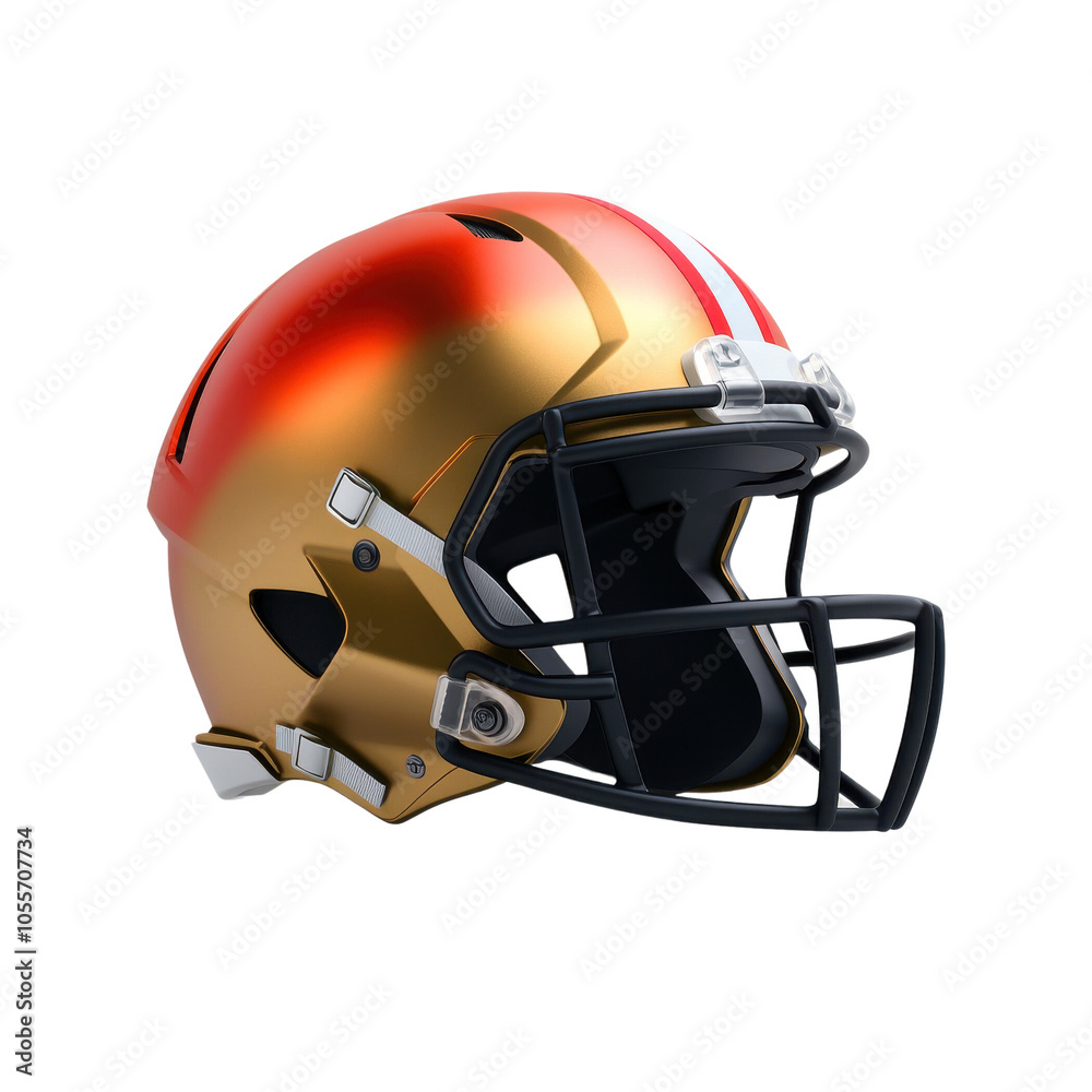 Fototapeta premium A shiny gold and red football helmet, showcasing its sleek design and vibrant colors, isolated on transparent background.