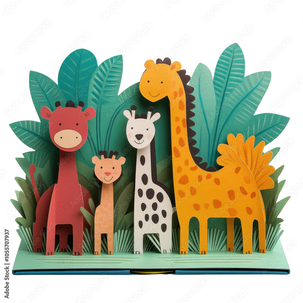 Obraz premium A colorful pop-up depiction of friendly jungle animals, including a giraffe, zebra, and two playful cartoon-like others, set against lush green foliage, isolated on transparent background