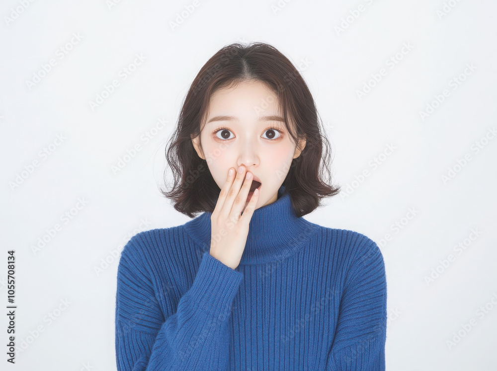 Asian woman with surprised expression, mouth wide open, looking at camera against white background.