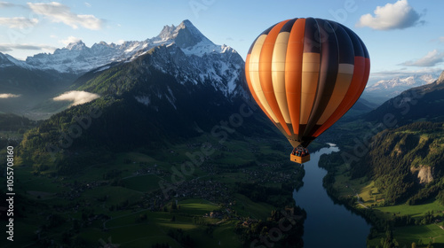 A hot air balloon floating above the Swiss countryside, offering a birds-eye view of mountains and valleys. photo