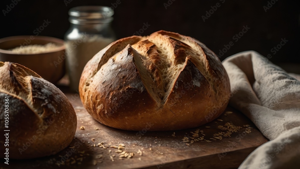Loaf of bread is sitting on a wooden cutting board Loaf of bread is sitting on a wooden cutting board