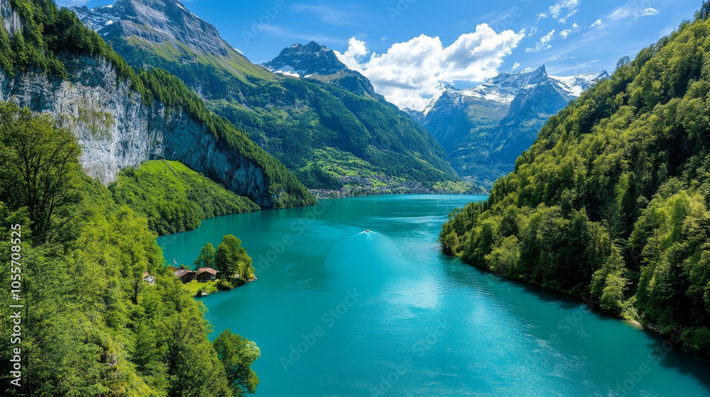 Fototapeta premium A peaceful view of Lake Brienz, with turquoise waters surrounded by mountains and lush greenery.