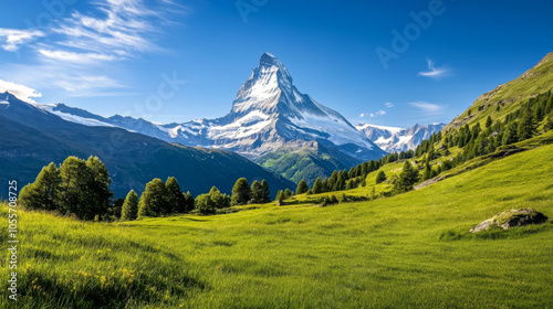 A picturesque view of the Matterhorn mountain, standing tall under a clear blue sky with green meadows below.