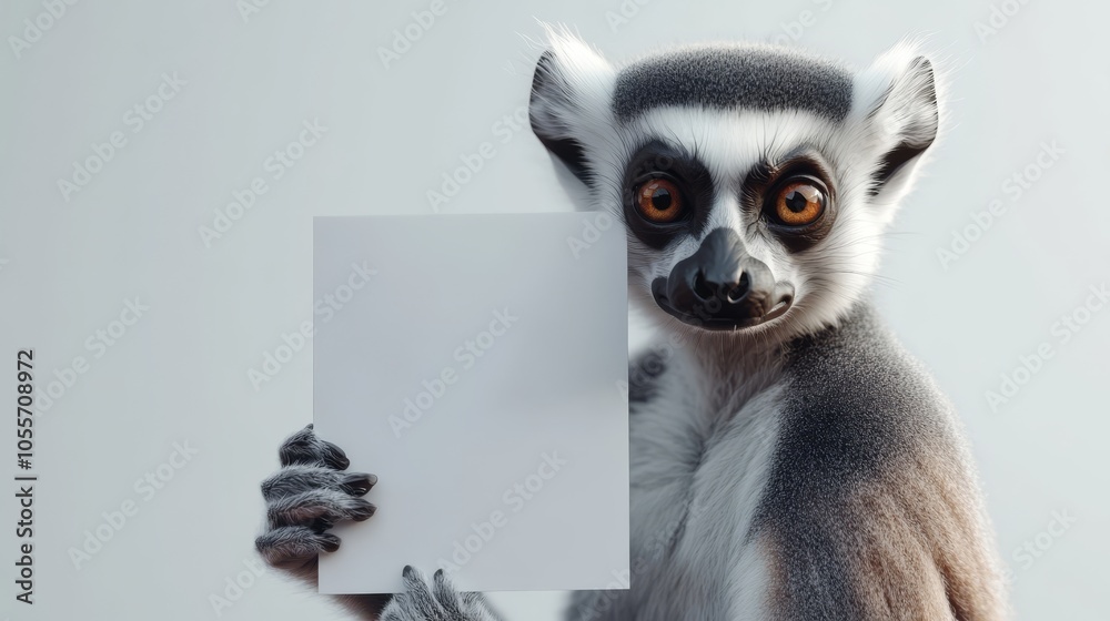 Obraz premium A lemur holding an empty white advertising poster