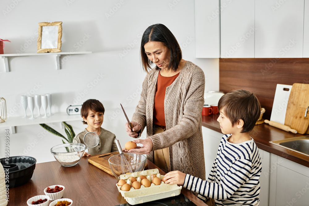 An enthusiastic grandmother and her grandsons enjoy baking together as they prepare for Christmas cheer. An enthusiastic grandmother and her grandsons enjoy baking together as they prepare for Christmas cheer.