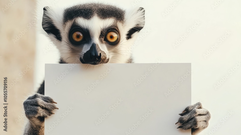 Naklejka premium A lemur holding an empty white advertising poster