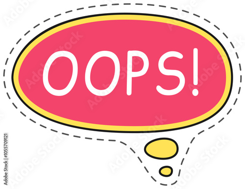 Oval shaped red speech bubble with a yellow outline and a surprised expression, featuring the word oops. in a playful font