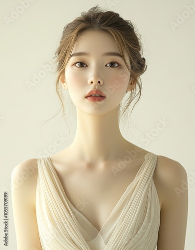 an Asian woman with fair skin, showcasing her waist and upper body in a frontal view.