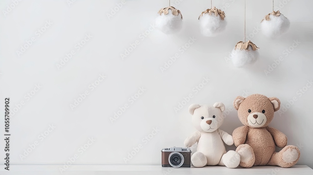 Stylish newborn baby room with toys, plush animal, photo camera, dolls and child accessories. Cozy decoration and hanging cotton balls on the white wall. Copy space Stylish newborn baby room with toys, plush animal, photo camera, dolls and child accessories. Cozy decoration and hanging cotton balls on the white wall. Copy space