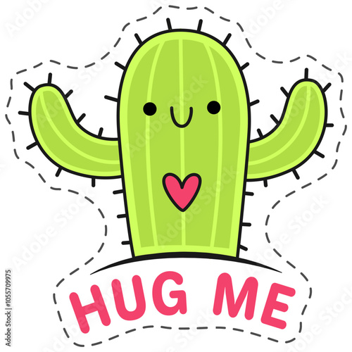 Cute cartoon cactus with arms wide open, showing a heart for a warm hug. Smiling and cheerful, radiating joy and positivity, like a playful friend welcoming you