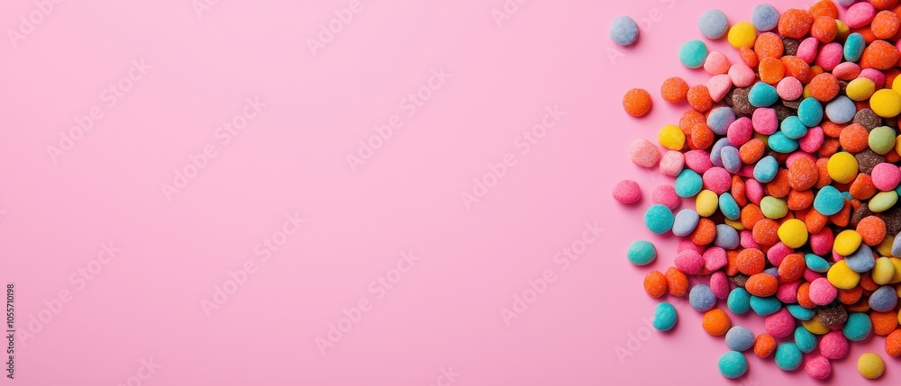 Colorful candy delight a vibrant collection of sweet treats spread across a pink background for a fun and playful aesthetic Colorful candy delight a vibrant collection of sweet treats spread across a pink background for a fun and playful aesthetic