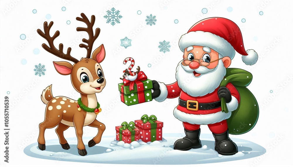 Santa Claus and Reindeer with Gifts in Snowy Scene Santa Claus and Reindeer with Gifts in Snowy Scene