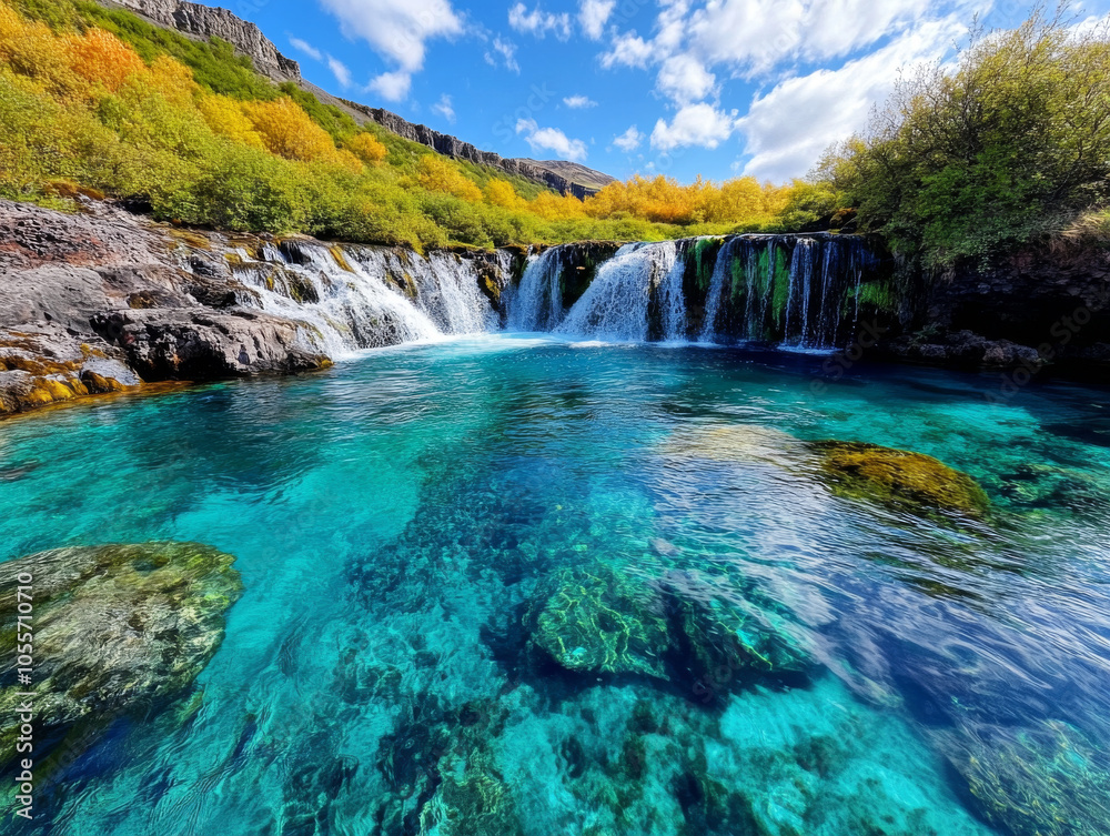 A view of the Hraunfossar waterfalls, with clear water flowing over lava rocks into the turquoise river below.