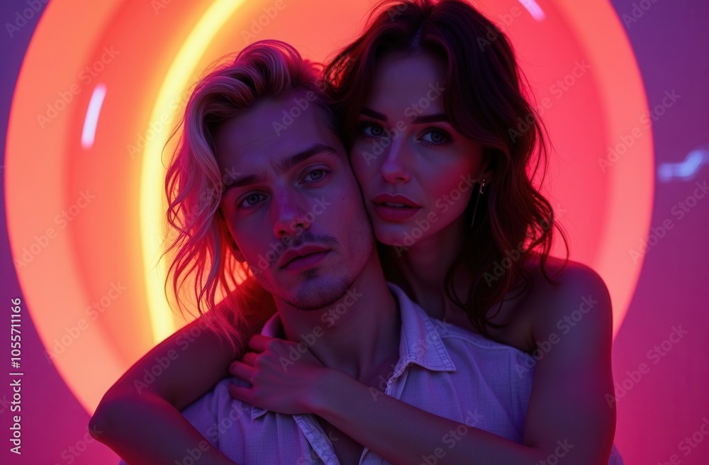 A couple embraces in soft neon lights, creating an intimate atmosphere in a modern art space at night