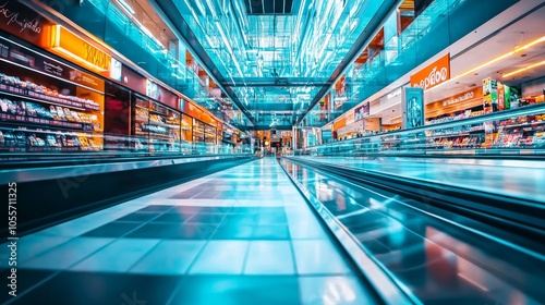 Bright and modern supermarket interior with colorful products