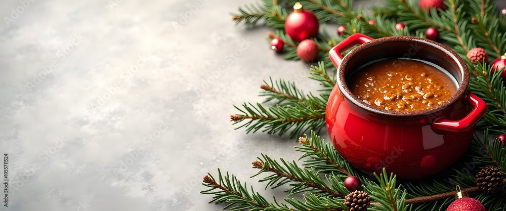 A red soup pot with coniferous branches, balls and lights creating a cozy Christmas atmosphere A red soup pot with coniferous branches, balls and lights creating a cozy Christmas atmosphere