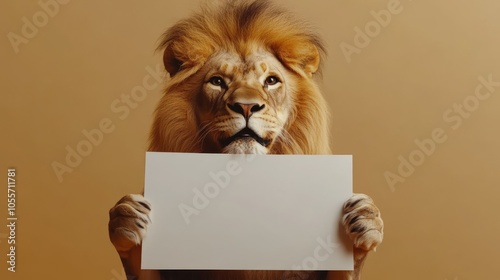 A lion on a uniform background holding an empty white advertising poster photo