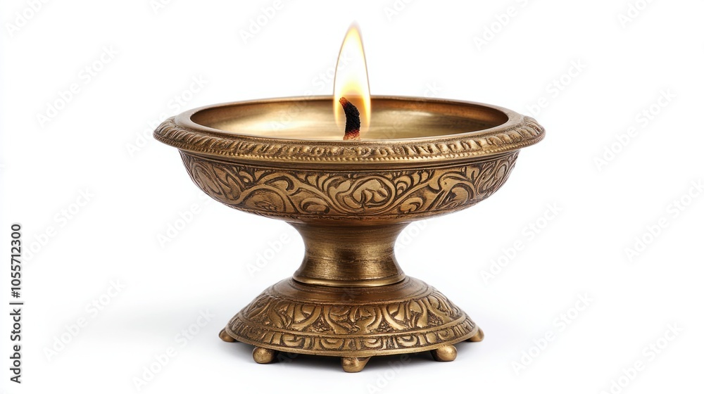 Brass diya lamp with decorative base and single flame, showing cultural elegance, isolated on white